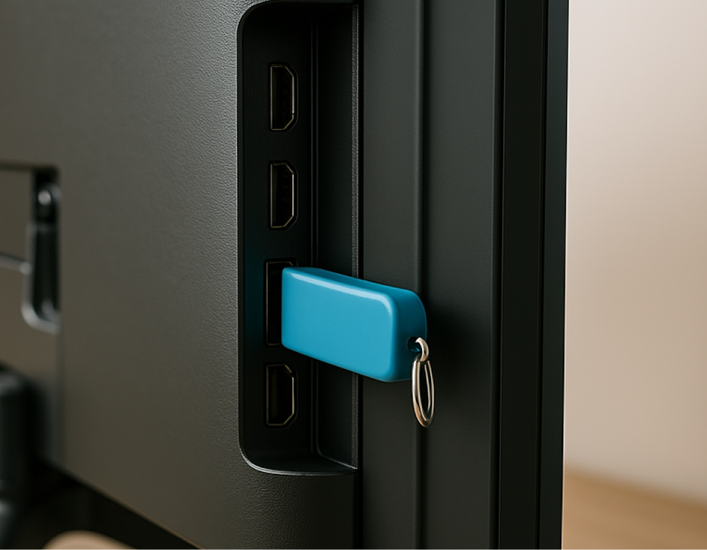 Stick USB albastru conectat la portul lateral al unui televizor modern, lângă conectori HDMI.